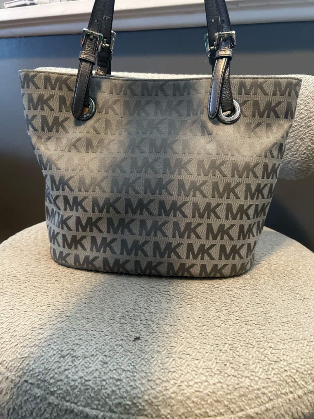 Michael Kors Gray MK Logo Canvas Tote with Black Leather Straps - Picture 2 of 5